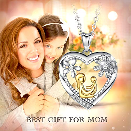 AEONSLOVE Collar Oro Bicolor Plata de Ley 925 con Circonita Mamá Abraza al niño Flor Corazón Colgante Cadena