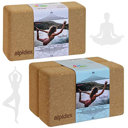 ALPIDEX Bloque de Corcho Yoga Block Cork Ladrillo Natural Bloc Pilates Juego de 2 o 1, Tamaño:2 Piezas - 23 x 14 x 7.5 cm