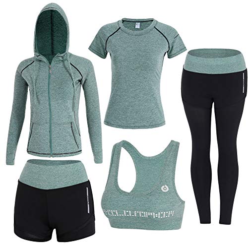 BOTRE 5 Piezas Conjuntos Deportivos para Mujer Chándales Ropa de Correr Yoga Fitness Tenis Suave Transpirable Cómodo (Verde, M)