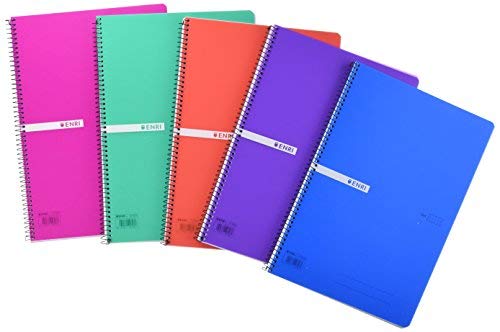 Cuadernos Folio(A4) Enri. Pack de 5 unidades. Tapa plástico. 80 Hojas cuadrícula 4x4. Colores aleatorios