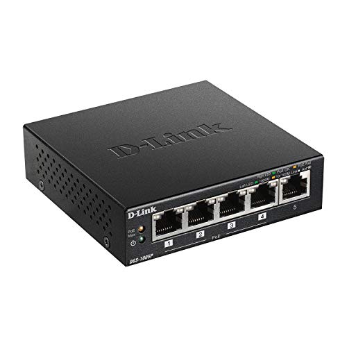 D-Link DGS-1005P - Switch PoE+ con 5 Puertos Gigabit 10/100/1000 Mbps (4 Puertos PoE 802.3af/802.3at de hasta 30 W por Puerto y hasta un Total de 60 W, Carcasa metálica, Full Duplex)