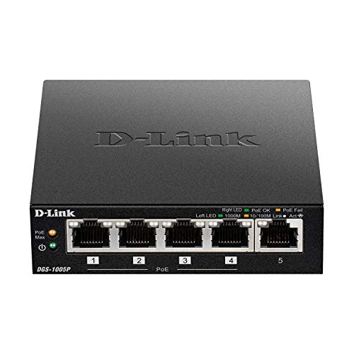 D-Link DGS-1005P - Switch PoE+ con 5 Puertos Gigabit 10/100/1000 Mbps (4 Puertos PoE 802.3af/802.3at de hasta 30 W por Puerto y hasta un Total de 60 W, Carcasa metálica, Full Duplex)