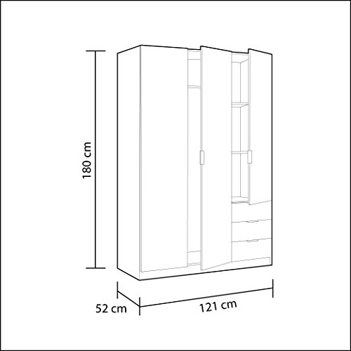 Habitdesign LCX323O - Armario ropero de Tres Puertas y Tres cajones, Color Blanco Mate, Medidas 121 cm (Largo) x 180 cm (Alto) x 52 cm (Fondo)