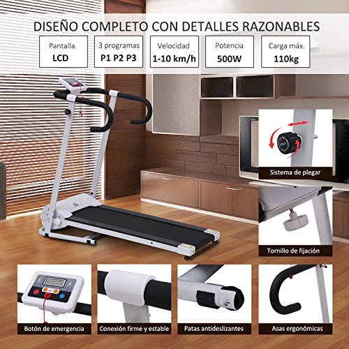 HOMCOM Cinta de Correr Plegable y Eléctrica de 500W para Fitness 1-10Km/h con Pantalla LCD y Carga Máx. 110kg