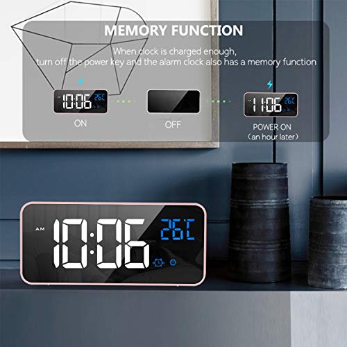 HOMVILLA Reloj Despertador Digital con Pantalla LED de Temperatura, Alarma de Espejo Portátil con Alarma Doble Tiempo de Repetición 4 Niveles de Brillo Regulable Dimmer 13 Música Puerto de Carga USB