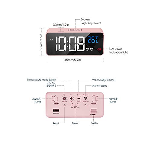 HOMVILLA Reloj Despertador Digital con Pantalla LED de Temperatura, Alarma de Espejo Portátil con Alarma Doble Tiempo de Repetición 4 Niveles de Brillo Regulable Dimmer 13 Música Puerto de Carga USB