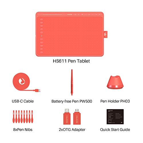 HUION Tableta Gráfica HS611 (Rojo Coral) 10x6 Pulgadas Equipado con Teclas Multimedia y Barra Táctil, 10 Teclas de Prensa Programables, Compatibles con Windows/macOS/Android