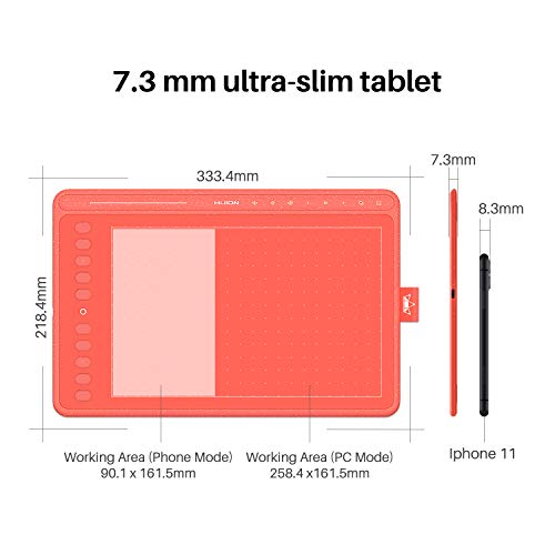 HUION Tableta Gráfica HS611 (Rojo Coral) 10x6 Pulgadas Equipado con Teclas Multimedia y Barra Táctil, 10 Teclas de Prensa Programables, Compatibles con Windows/macOS/Android