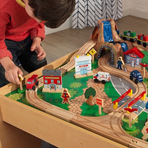 KidKraft- Juguete de vías de tren y mesa con cascada y montaña, de madera, para niños, juego clásico de actividades ferroviarias con accesorios incluidos (120 piezas) , Color Multicolor (17850)