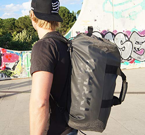 lamaki Holdall Duffel Bag Mochila Black Edition Bolso de Viaje Gimnasio Deporte Oficina Multiuso Diseño Industrial Ampliable Compartimento Calzado Plegable Unisex Hombre Mujer 50L