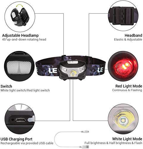 LE Linterna Frontal USB Recargable, 5 Modos de Luz, con Luz Roja, Ligera Elástica, para Ciclismo, Running, Correr, Deporte Nocturno