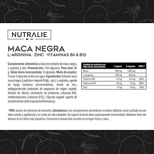 Maca Negra Andina equivalente a 24.000mg por cada dosis de 1200mg con L-Arginina, Zinc y Vitaminas B6 B12 | 120 cápsulas vegetales de Maca altamente concentrada 20:1 | Nutralie