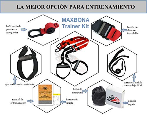 MAXBONA Trainer Kit de Entrenamiento en suspensión – Correas de suspensión para Gimnasio & Fitness en Interiores y Aire Libre – Compacta Sistema de Entrenamiento en Casa – Home Gym Ligero y Robusta