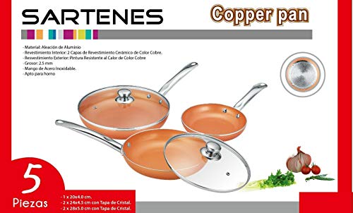 Maxell Power CE Juego DE 3 SARTENES 2 Tapas Cuchillos Tijeras Color Cobre Copper Pan Apto Horno