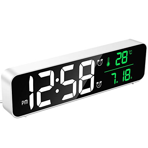 MOSUO Reloj Despertador Digital, Reloj de Pared con Temperatura Tiempo Fecha, 10" Gran Pantalla LED Espejo Reloj Digital con 2 Alarma 40 Música 6 Niveles de Brillo USB Puerto, Blanco