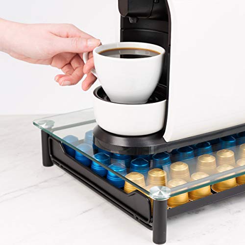 Navaris Dispensador de cápsulas de café Nespresso - Soporte para máquina de café con Tapa de Vidrio - Cajón para almacenar hasta 60 cápsulas