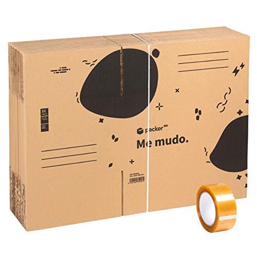Pack 20 Cajas Carton para Mudanzas y Almacenaje 440x300x250mm Ultra Resistentes con Asas + Cinta Adhesiva, 100% ECO Box | Packer PRO