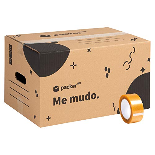 Pack 20 Cajas Carton para Mudanzas y Almacenaje 440x300x250mm Ultra Resistentes con Asas + Cinta Adhesiva, 100% ECO Box | Packer PRO