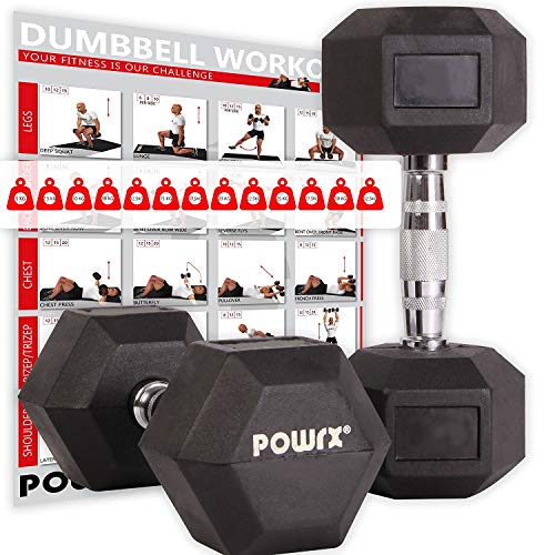 POWRX - Mancuernas hexagonales 15 kg Set (2 x 7,5 kg) - Revestimiento de Goma + PDF Workout (Negro)