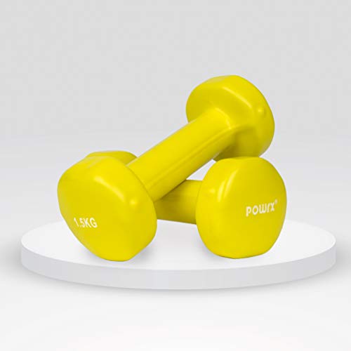 POWRX Mancuernas Vinilo 3 kg Set (2 x 1,5 kg) + PDF Workout (Amarillo)