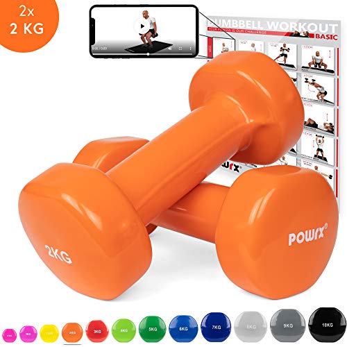POWRX Mancuernas Vinilo 4 kg Set (2 x 2 kg) + PDF Workout (Orange)