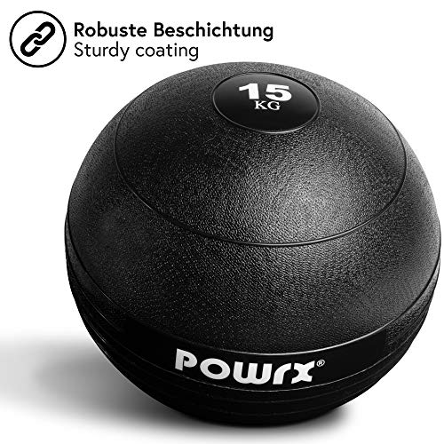 POWRX - Slam Ball Balón Medicinal 3-20 kg - Ideal para Ejercicios de Entrenamiento Funcional - (15 kg/Negro)