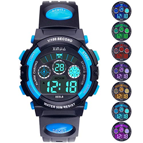 Reloj Digital para Niños,Niños Niñas 50M (5ATM) Impermeable 7 Colores LED Relojes Deportivos Multifuncionales para Exteriores con Alarma (Negro Azul)