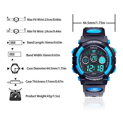 Reloj Digital para Niños,Niños Niñas 50M (5ATM) Impermeable 7 Colores LED Relojes Deportivos Multifuncionales para Exteriores con Alarma (Negro Azul)