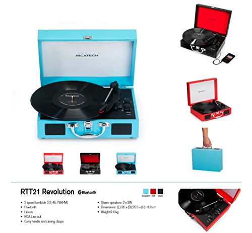 Ricatech RTT21 Tocadiscos, reproductor de discos portátil liviano con altavoces, tres velocidades, soporta salida RCA, Bluetooth, conector para auriculares, MP3, estilo maleta, color Turquesa