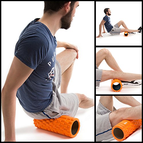Rodillo de espuma para masaje muscular (Libro de ejercicios incluido) diseño de rejilla para accionar la terapia de puntos para el dolor de espalda y los músculos de las piernas - 33 x 14 cm