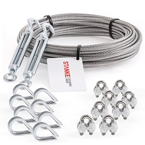 Seilwerk STANKE Cuerda de acero galvanizado 40m, Cuerda de acero con diámetro 5mm 6x7, 2x tensor gancho-ojo M8, 8x guardacabo, 8x abrazadera - SET 5