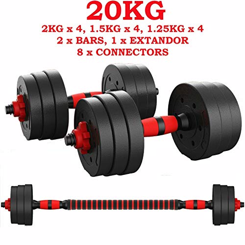 ShirazO UK - Mancuernas ajustables 2 en 1 de 20 kg, pesas para gimnasio en casa, gimnasio, ejercicio, fitness, equipo de fitness desmontable, con barra de conexión