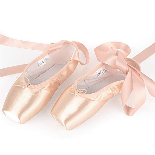 Soudittur Zapatillas de Ballet de Punta Pointe Zapatos Satén con Puntera de Gel de Silicona y Cintas para Niñas Rosa EU 39