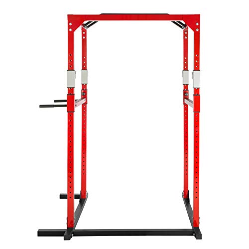 TecTake Multiestación de Fitness para Entrenamiento | 2 puntales de Seguridad macizos | Poleas para Barras de Flexiones Inferiores y Superiores Modelos (Rojo Negro Lat | No. 402738)