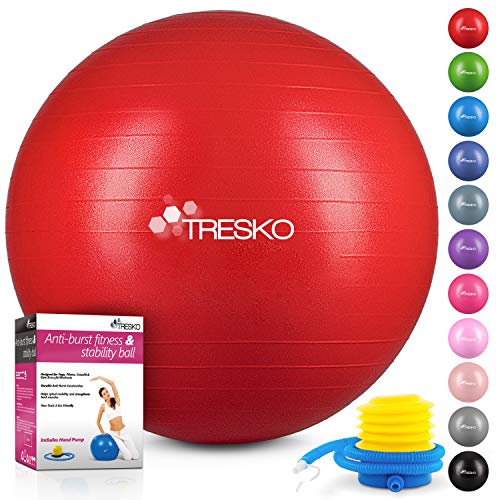 TRESKO® Pelota de Gimnasia Anti-Reventones | Bola de Yoga Pilates y Ejercicio | Balón para Sentarse | Balon de Ejercicio para Fitness | 300 kg | con Bomba de Aire | Rojo | 55cm