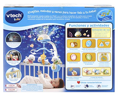 VTech - Móvil proyector cuenta ovejitas, juguete de cuna para bebé, más de 70 nanas, canciones, sonidos y frases, incluye mando a distancia (3480-503322)