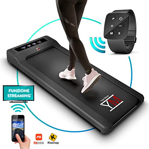 YM - Cinta de correr eléctrica Walking Pad escritorio App Kinomap y Fitshow, reloj mando a distancia Watch Controller, profesional Slim plano Bluetooth para casa y oficina 1,5 HP (pico 2,5 HP)