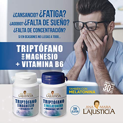 Ana Maria Lajusticia - Triptófano con magnesio + VIT B6 – 60 comprimidos. Reduce la ansiedad, el cansancio y regula el reloj interno. Apto para veganos. Envase para 30 días de tratamiento.