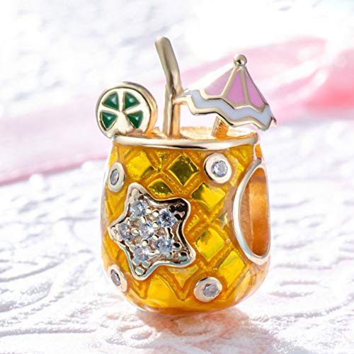 Andante-Stones Abalorio de plata de ley 925 y oro "Aloha Hawaii", vaso de piña con sombrilla y estrella de circonita, elemento bola para pulseras con módulo europeo + bolsa de organza