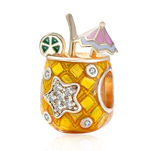 Andante-Stones Abalorio de plata de ley 925 y oro "Aloha Hawaii", vaso de piña con sombrilla y estrella de circonita, elemento bola para pulseras con módulo europeo + bolsa de organza