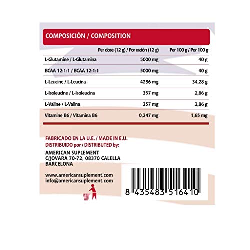 BCAA con Glutamina de American Suplement | Aminoácidos Ramificados Ratio 12:1:1 (L-Leucina + L-Valina + L-Isoleucina) | Recuperación y Ganar Masa Muscular | Vegano, Sin Lactosa, Sabor Piruleta, 300g
