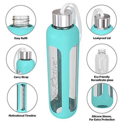 Be-Active Botella de Agua Motivacional de Vidrio con Tiempos de Bebida Hidratado borosilicato BPA Libre - 500ml, 1000ml