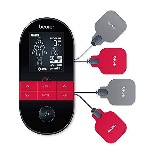 Beurer EM59 Electroestimulador digital con función calor, tens, ems y masaje, 2 canales, función calor, 4 electrodos, con pads de gel, intensidad regulable, temporizador, color negro rojo
