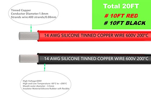 Cable Eléctrico 14 AWG cable de alambre de gancho de alambre de silicona de calibre 14 [3 m negro y 3 m rojo] suave y Flexible 400 hilos de alambre de cobre estañado alta resistencia a la temperatura