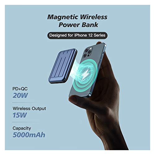 Cargador portátil, Banco de Potencia 5000mAh 15W MAX Fast Wireless Cargando Power Bank QC 3.0 & PD 20W Paquete de baterías externas Compatible iPhone 12/12 Mini/Pro/MAX (A1271) (Color : Black)