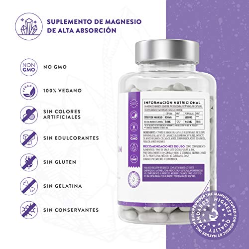 Citrato de Magnesio [ 400 mg por cápsula] Vegano de AAVALABS - Alta Dosis de Magnesio Elemental [ 448 mg por dosis] - 180 cápsulas - Puro - Suministro de 1 mes