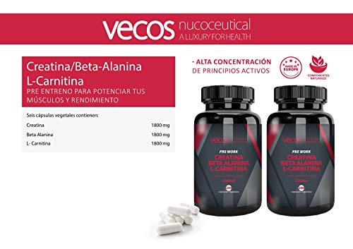 CREATINA + BETA ALANINA + L-CARNITINA - preentreno para potenciar el desarrollo muscular, la resistencia y la fuerza - 200 cápsulas APTO VEGANOS