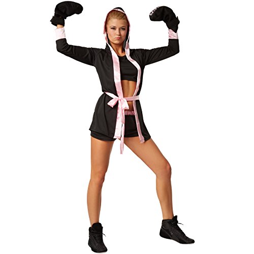 dressforfun Disfraz para mujer Boxeadora | Disfraz de boxeador con pantalón corto, top, abrigo con capucha, cinturón y guantes de boxeo (S | rosa | no. 301824)