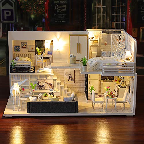 Fsolis Casa de Muñecas en Miniatura de Bricolaje con Mueble, Casa en Miniatura de Madera 3D con Cubierta Antipolvo y Movimiento Musical, Kit de Regalo Creativo de Casas para Muñecas-Happy Time