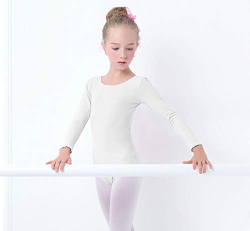 furein Maillot de Danza Ballet Gimnasia Leotardo Body Clásico Elástico para Niña de Manga Larga Cuello Redondo (10 años, Blanco)